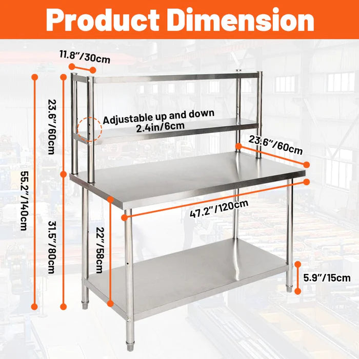 Stainless Steel Kitchen Island - Double Tier Top Shelf