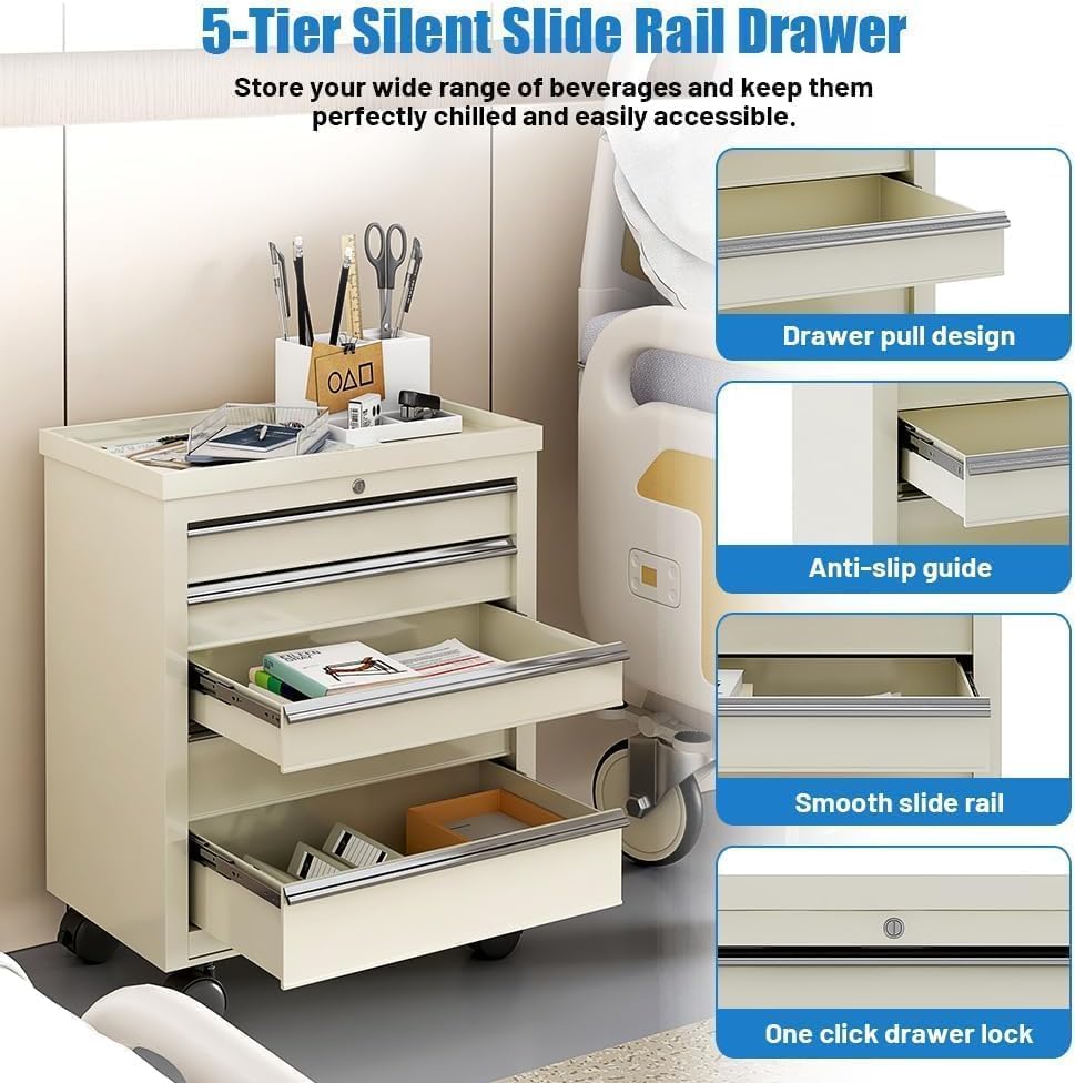 Medical Carts with Wheels and 5 Drawers, 13"D x 24.5"W x 29"H - Stainless Steel Top