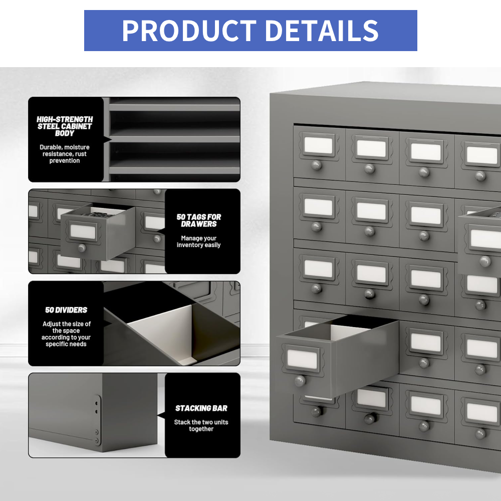 50-Drawer Metal Parts Cabinet - Gray Steel Tool Organizer
