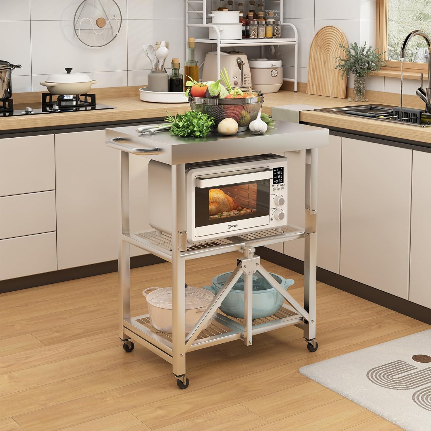 3-Tier Foldable Stainless Steel Cart - 300 lbs Capacity